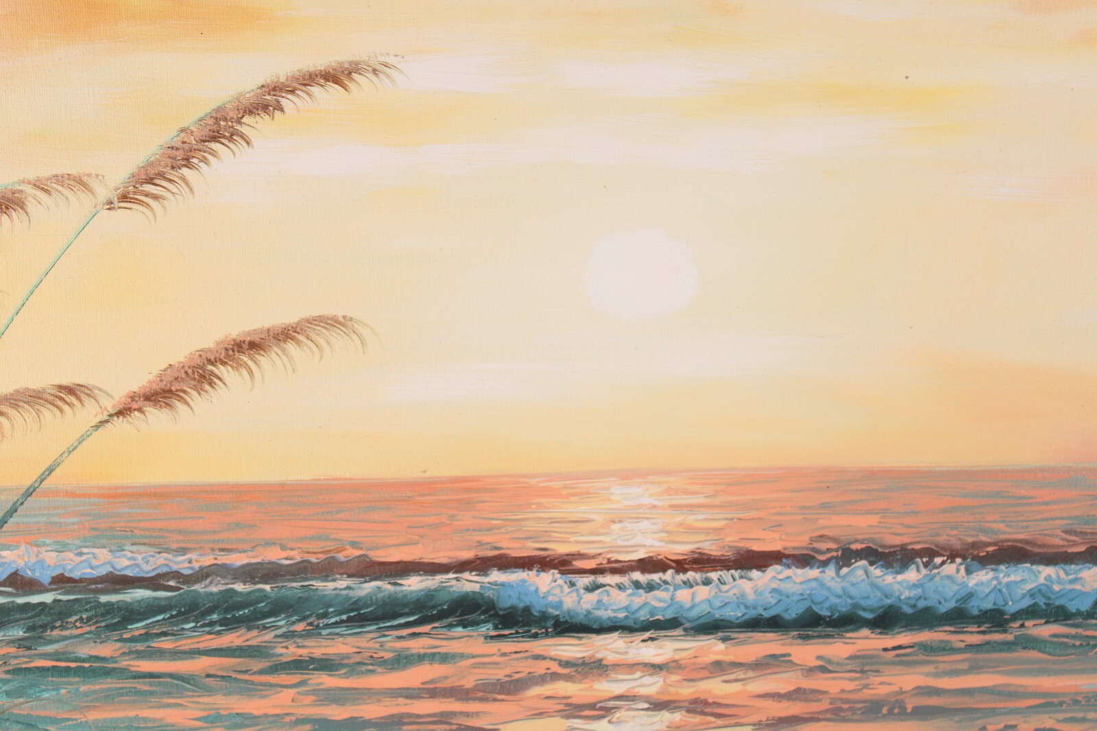 Vintage Sunset Seascape Beach Front Oil Painting On Canvas Signed Robertson
