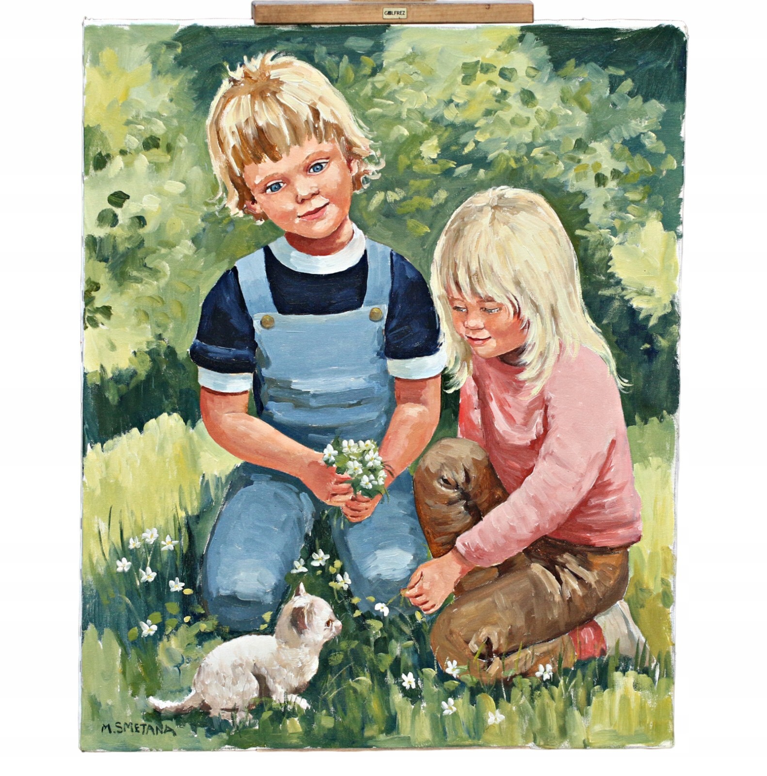 Monica Smetana (1932) – Children With Kittens in Garden Oil Painting Signed