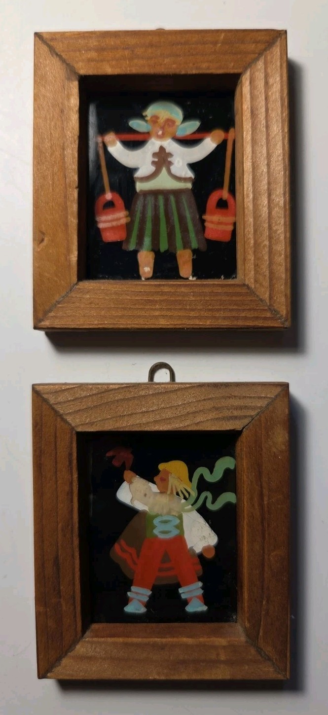 2 Rare Vintage Zdzislaw Klosinski Folk Art Reverse Glass Paintings Poland 2 3/4″