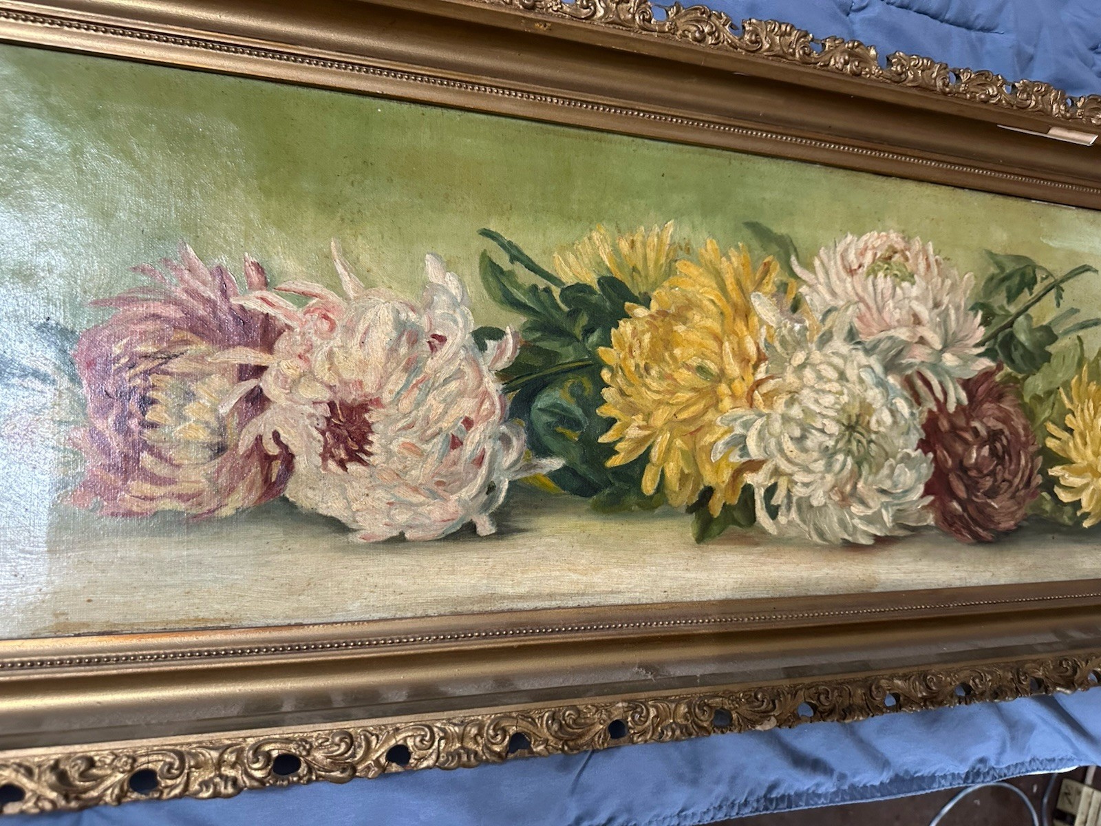 Antique Victorian Rare Horizontal Oil / C Chrysanthemum’s 40 X 14 Still Life