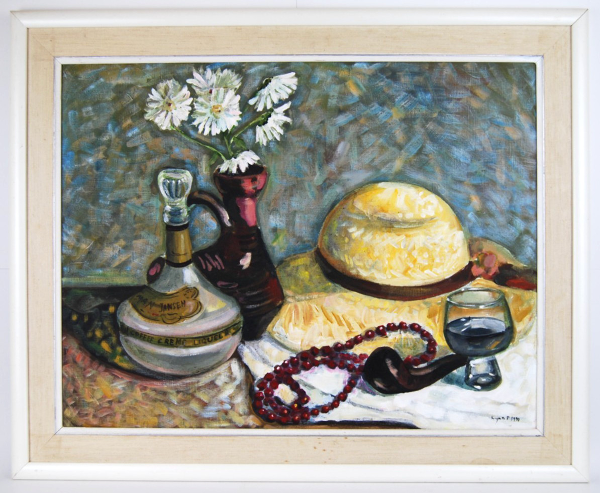 Vtg 90s OOAK COA Polina Kogan Libster Flower Hat Still life Oil Painting 28X21.5