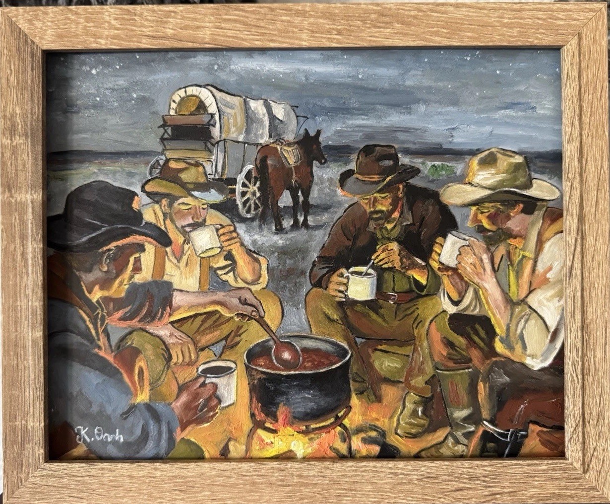 ORIGINAL OIL PAINTING COWBOYS NIGHT IN THE DESERT SIGNED FRAMED 8×10