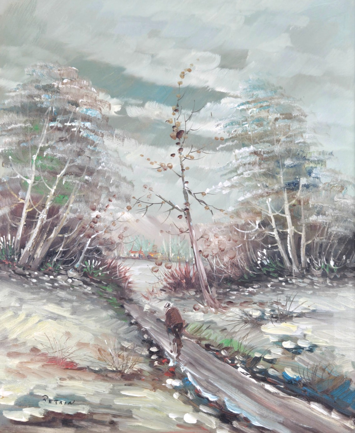 Allesandro Petrin oil painting winter landscape w figure buildings 24″ x 20″
