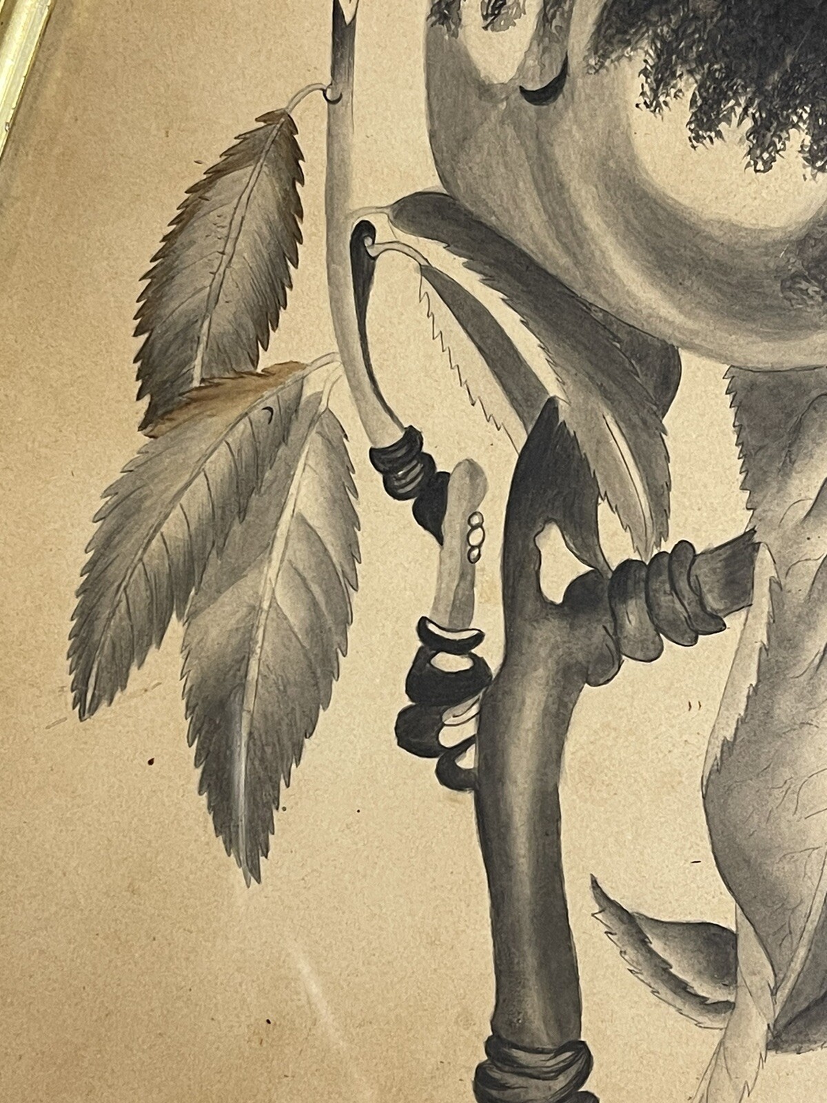 Antique Ink Wash and Watercolor Painting Still Life of Caterpillar on Fruit Tree