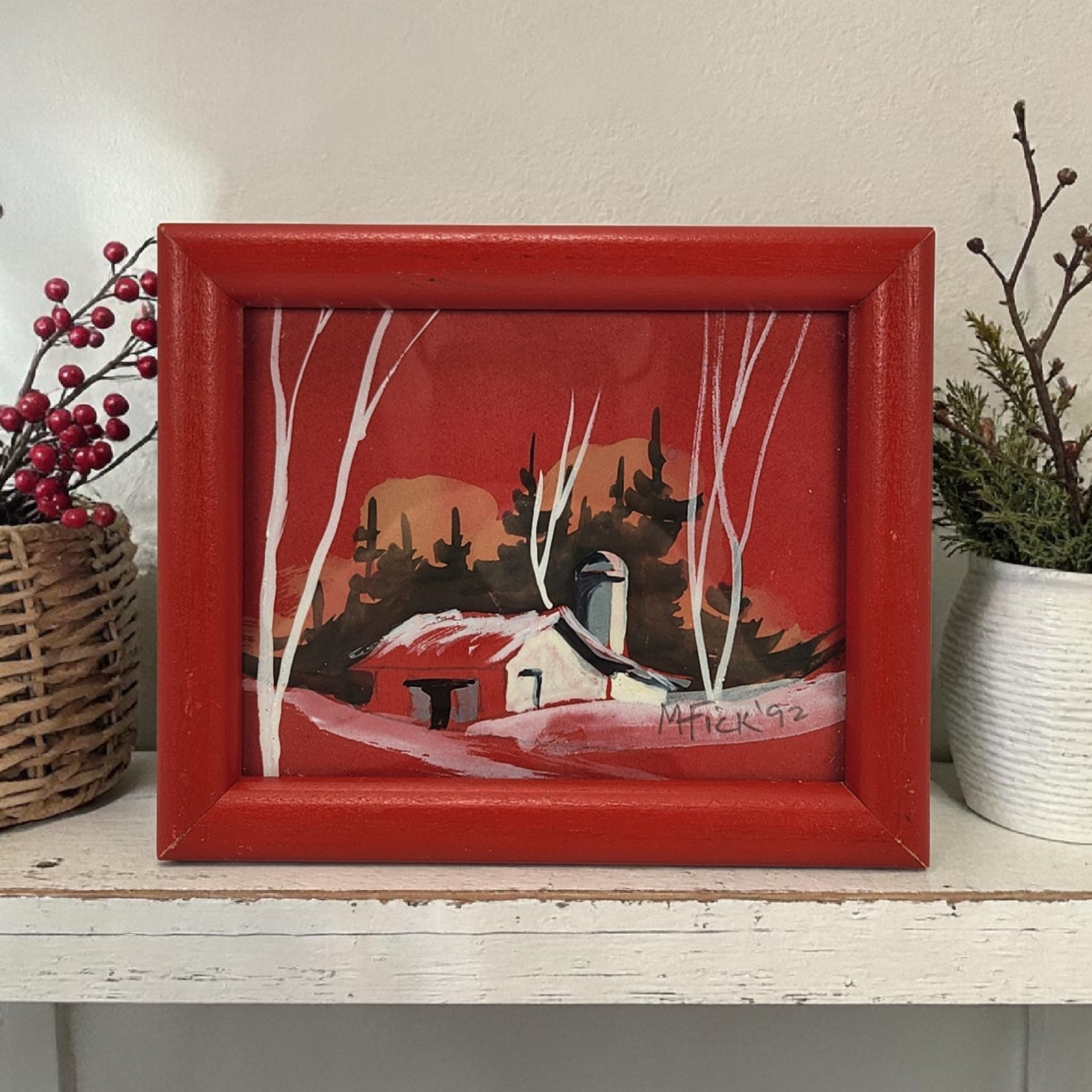 Framed Folk Art Painting Winter Cottage Birch Tree Landscape Signed M Fick 92 6″