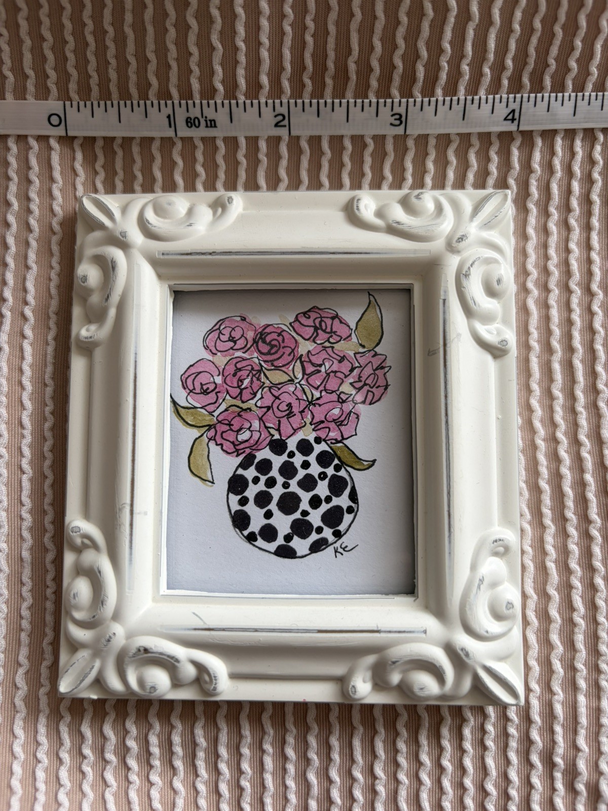 Painted Flowers in Vase. acrylics. White distressed frame. Original 4×4.5 in