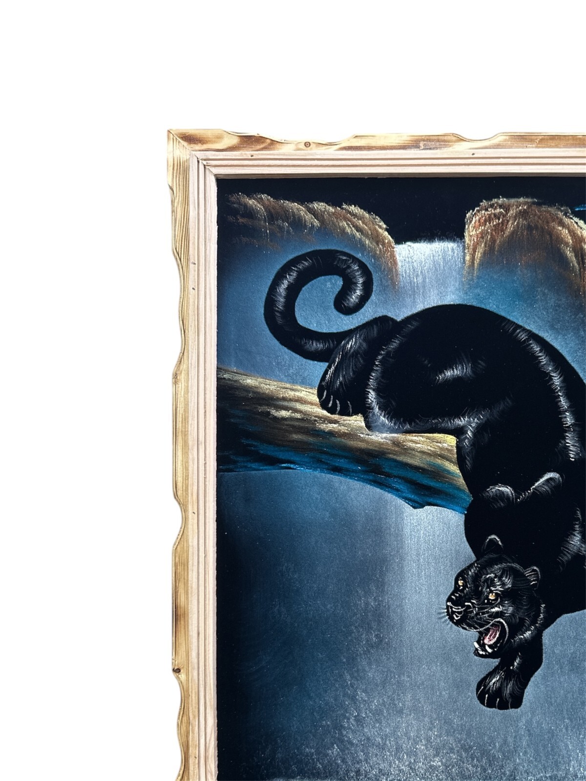 BLACK PANTHER , FULL MOON , WATERFALL , VELVET PAINTING,18″ BY 22″W , NEW