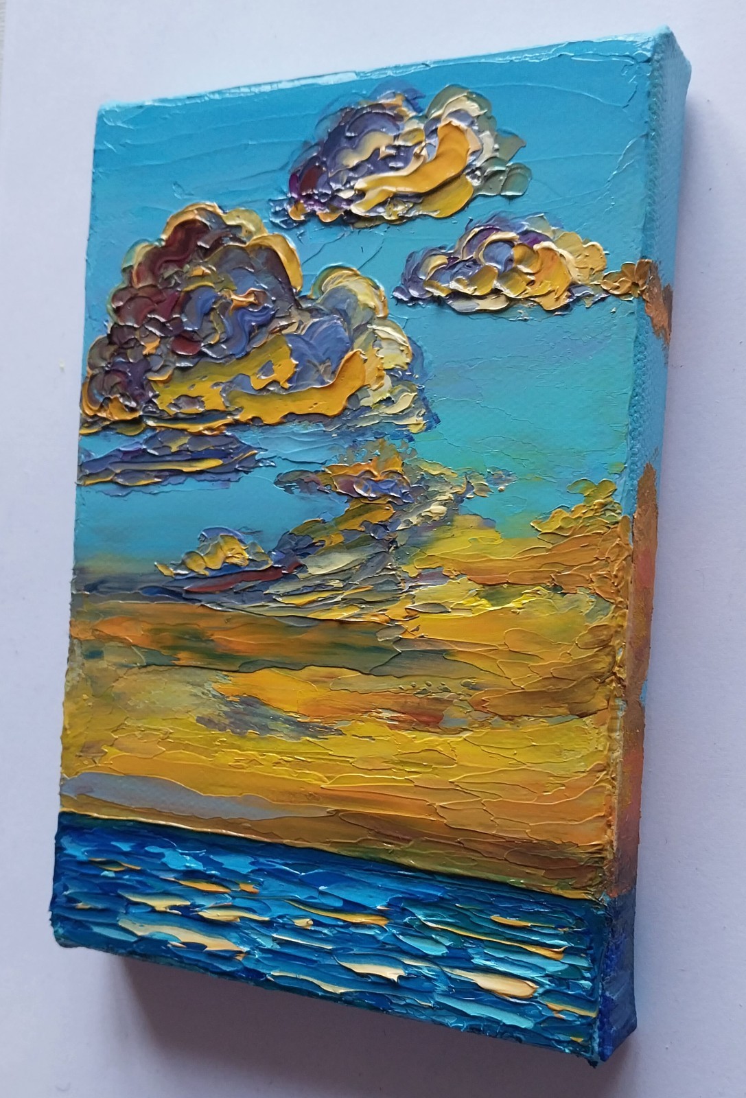 Mini Canvas Seascape Sunset Golden Clouds Over Sea 4×6″ Original Oil Painting