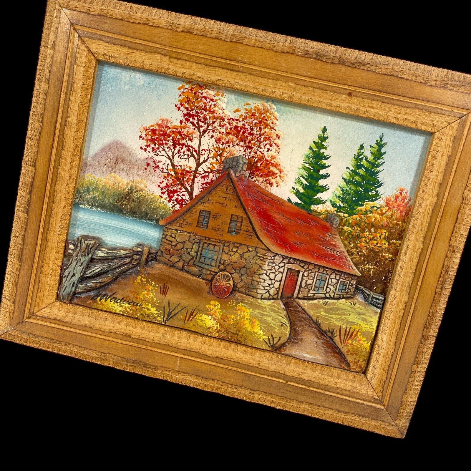 Carved Wood Folk Art 3D Framed Painted Wall Vintage H Nadeau Rustic Cabin Canada