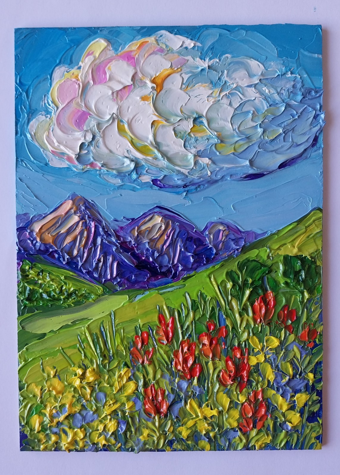 Framed Rocky Mountain Red Flowers Landscape 5×7” Impasto Oil Painting Original