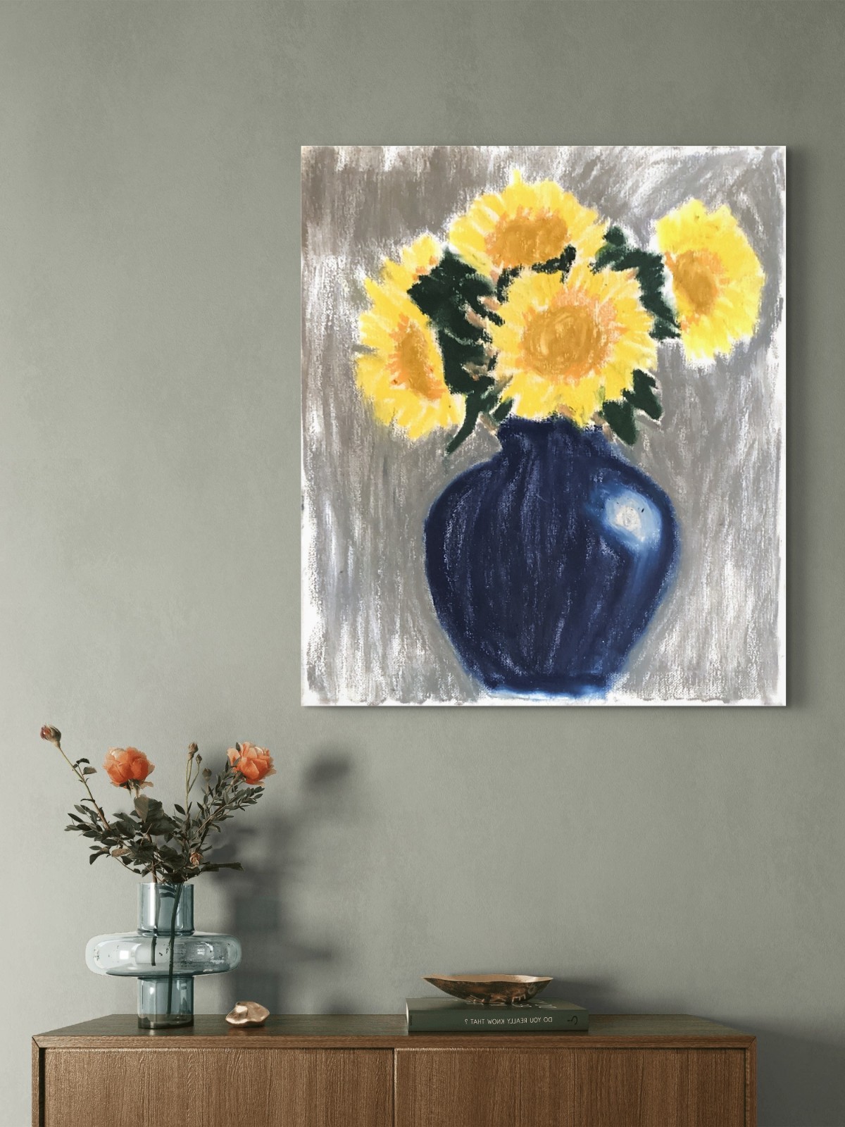 Expressionism Sunflowers in Blue Vase Original Art 11 by 14 Canvas