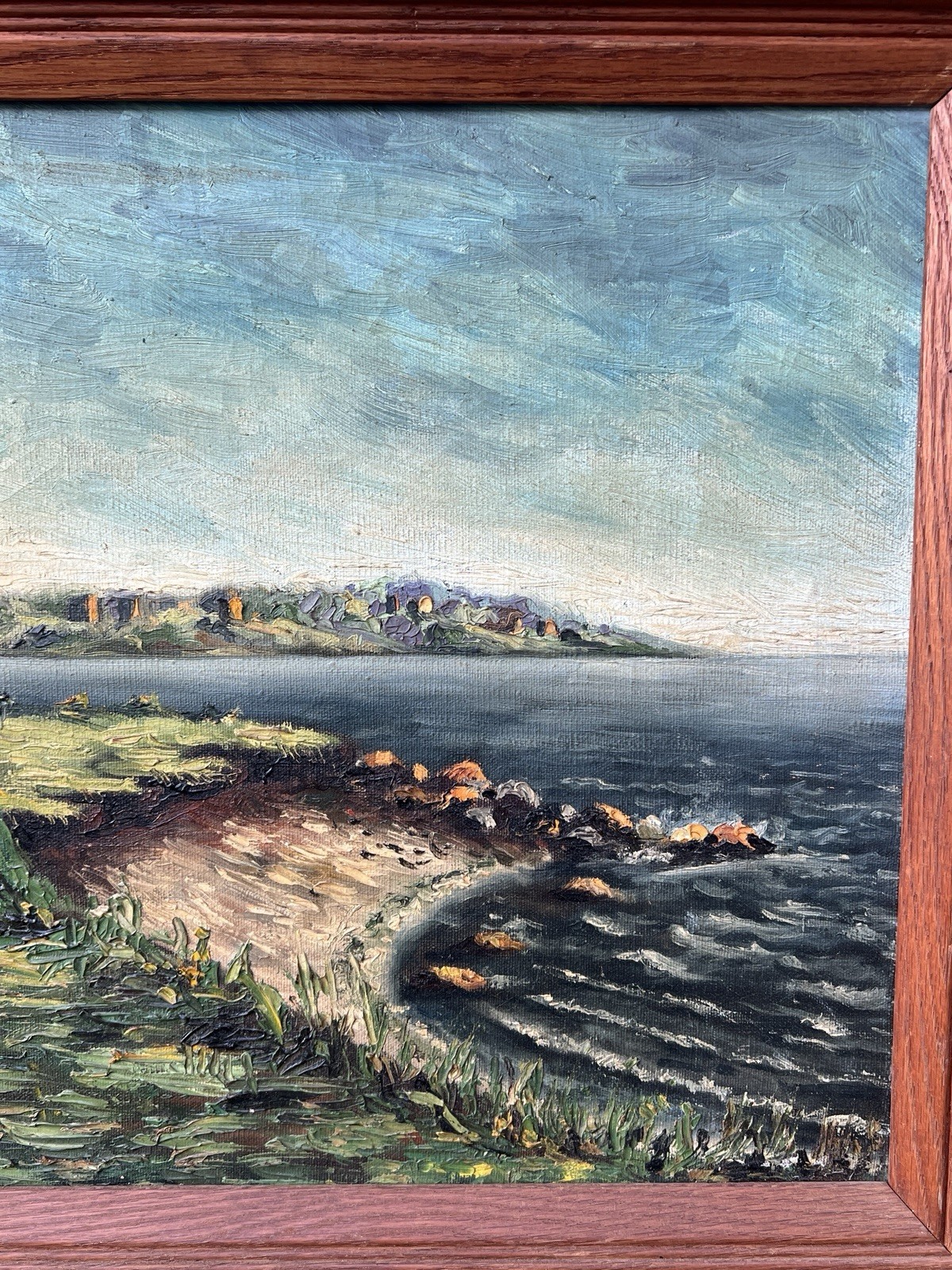 VINTAGE MCM FRAMED OIL ON CANVAS FERRY POINT PARK BRONX , NEW YORK NY 1958? WOW
