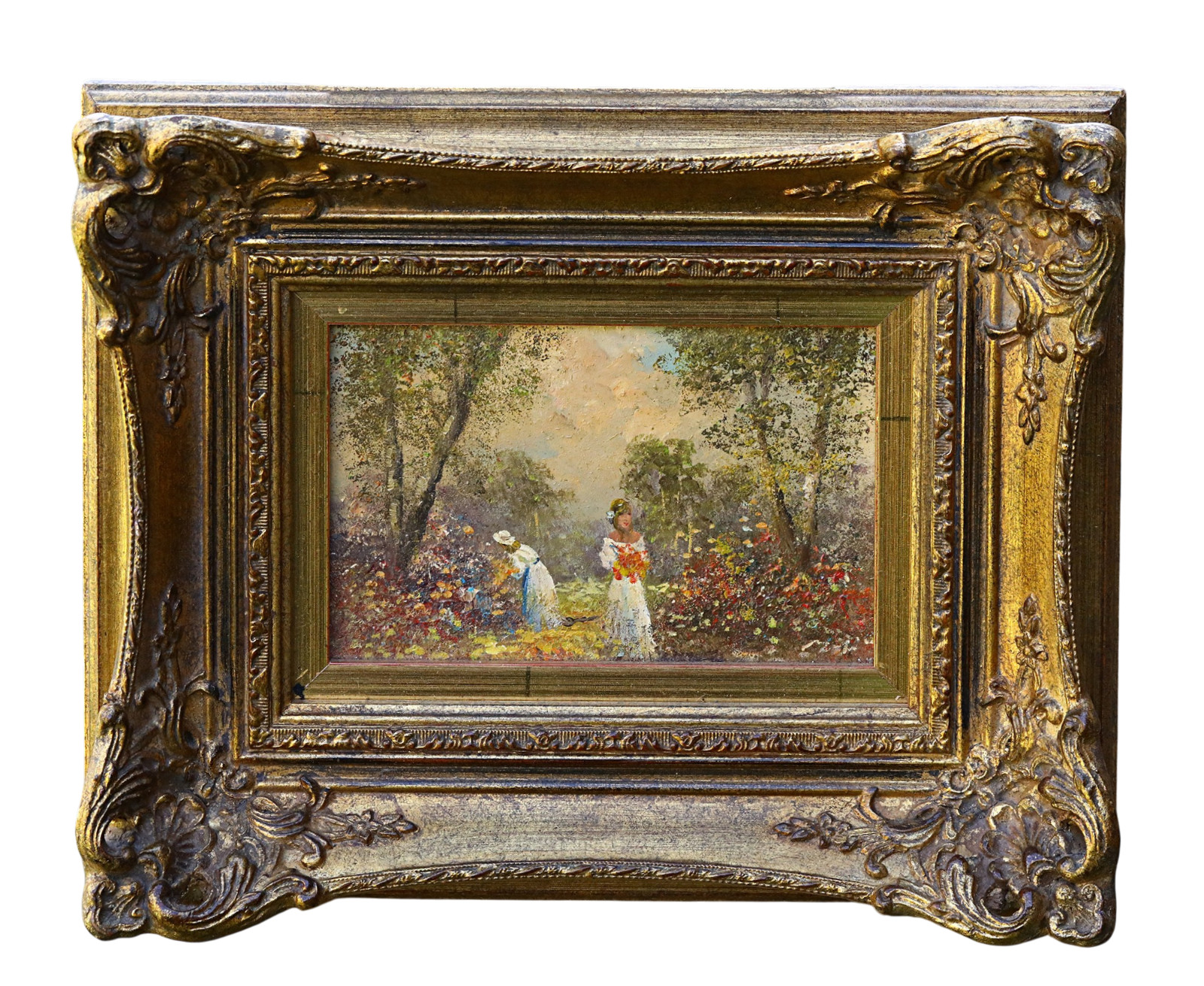 Madjid Rahnavardkar 1943 Oil on Board Painting Framed Women in Garden OOAK
