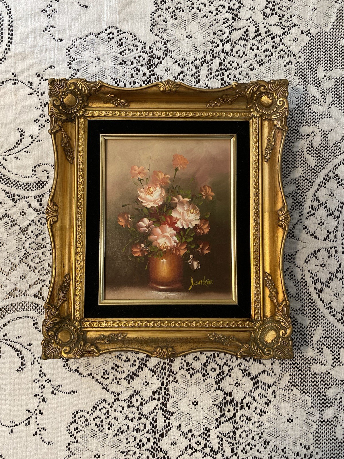 Vintage Oil On Panel Painting Still Life Flowers Signed Jenkins Gold Gilt Frame