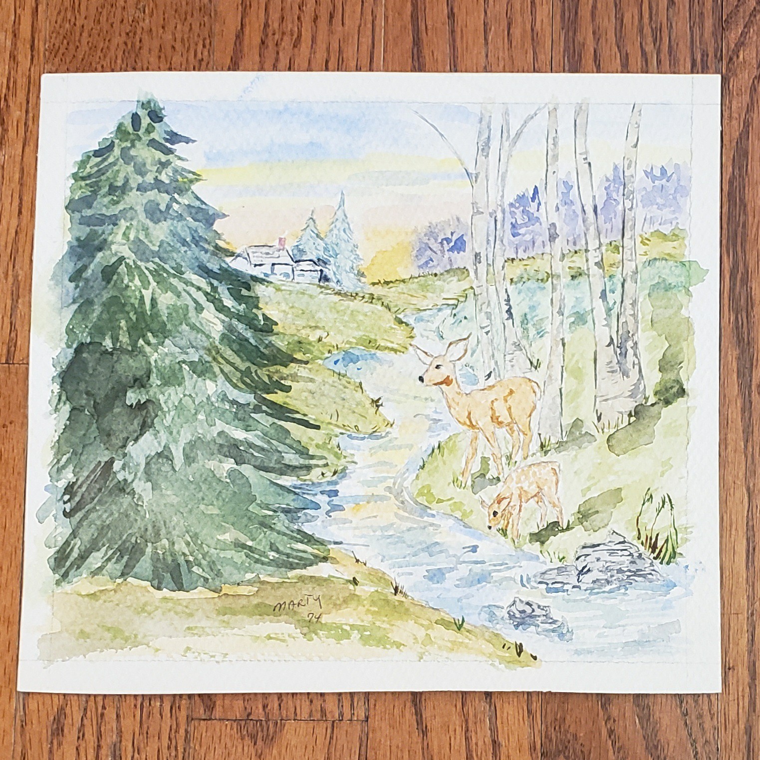 Original Watercolor Deer Cabin Nature M Bevarly Cotton Paper Unframed 8 x 7.5″
