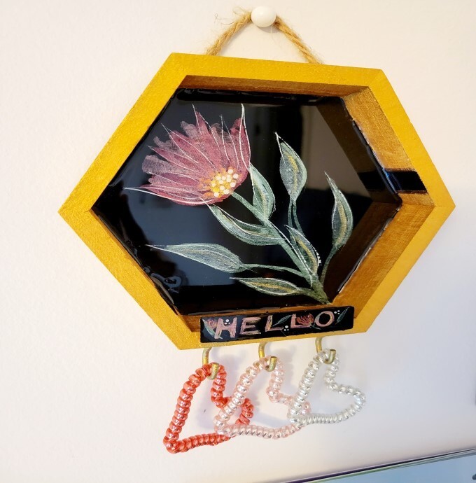 Gold 6″ Floral Metallic Watercolor Hand Painted Hexagon Key Holder