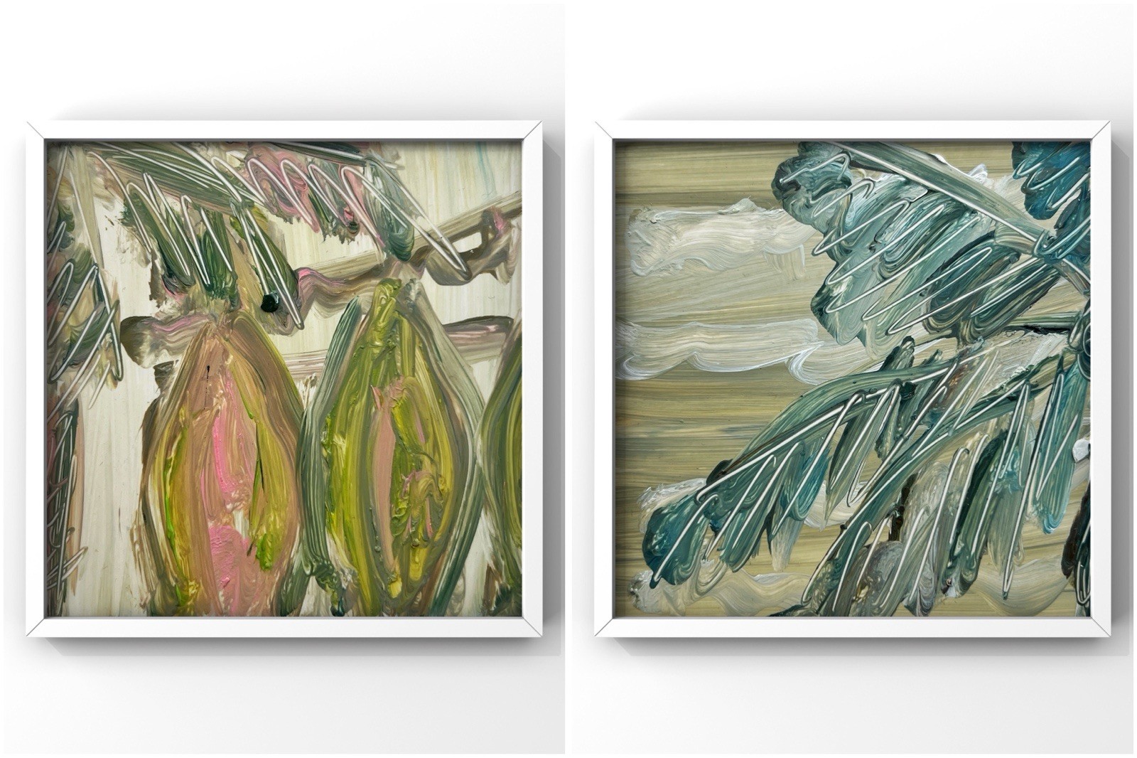 Waikiki Hawaii Surfboards & Palm Leaves Set of 2 Abstract Paintings Diptych Art