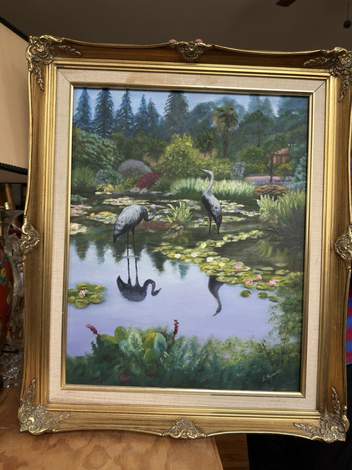 Original Art Painting Canvas Framed Bird Water Naturescape Heron Crane Signed