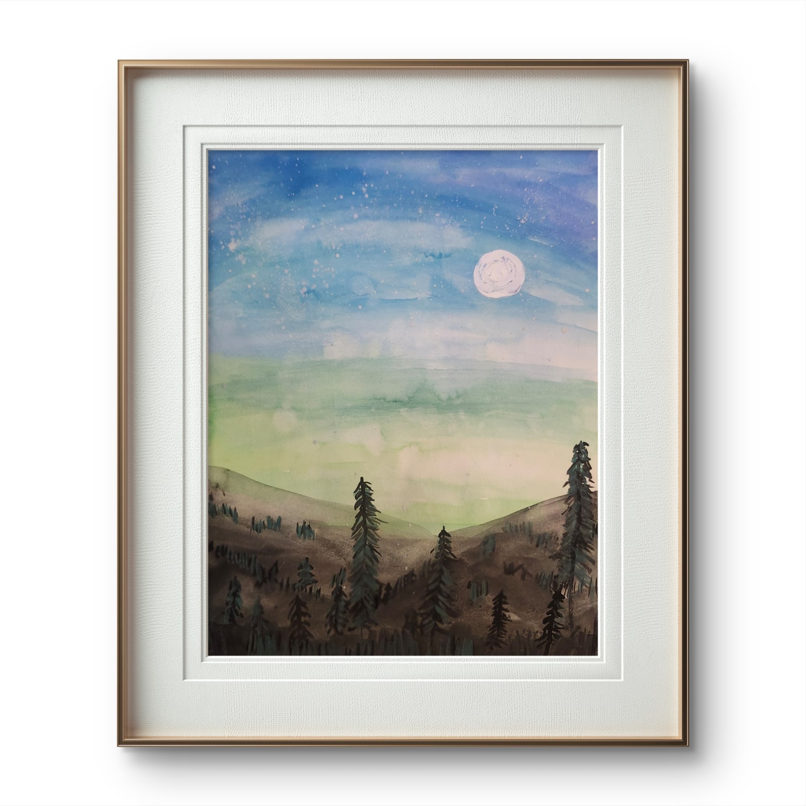 Full Moon Over Desert Expressionist Art Painting Watercolor 9×12 Gallery Paper