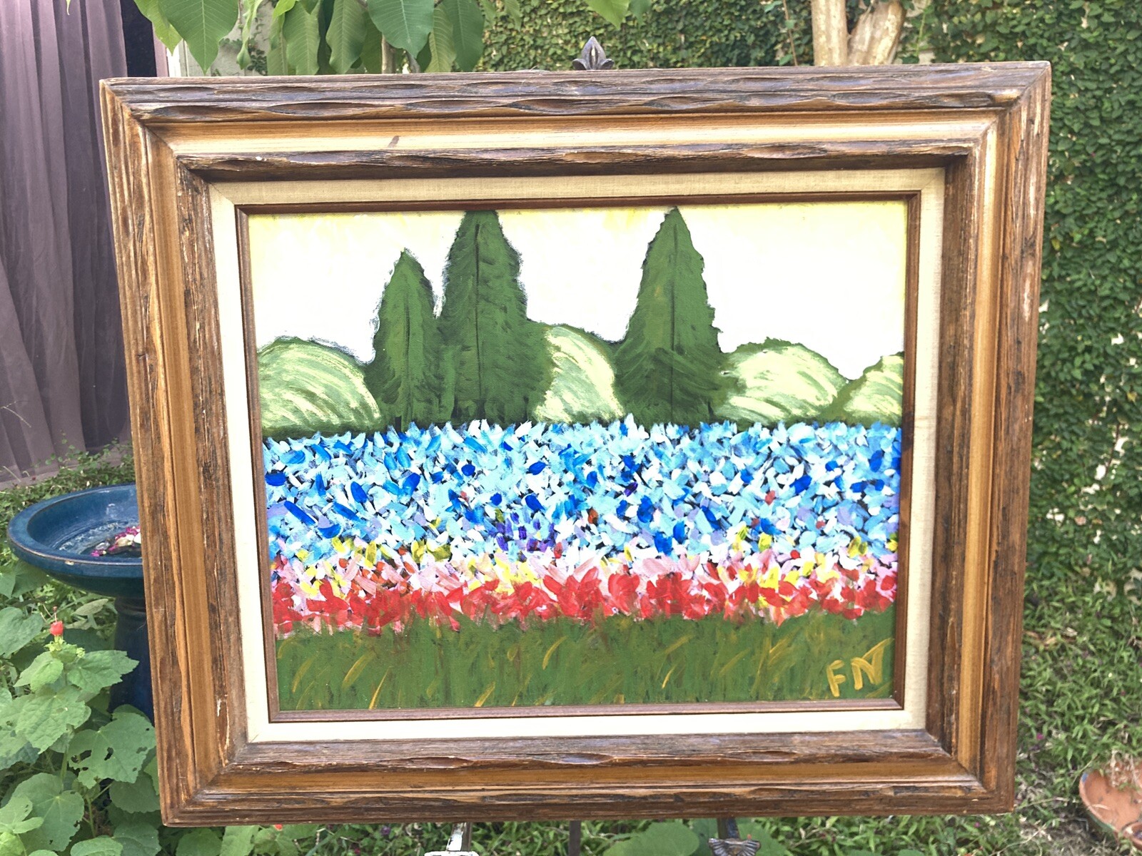 Lg Original Painting on Canvas Signed After Van Gogh Impressionist Garden Naive