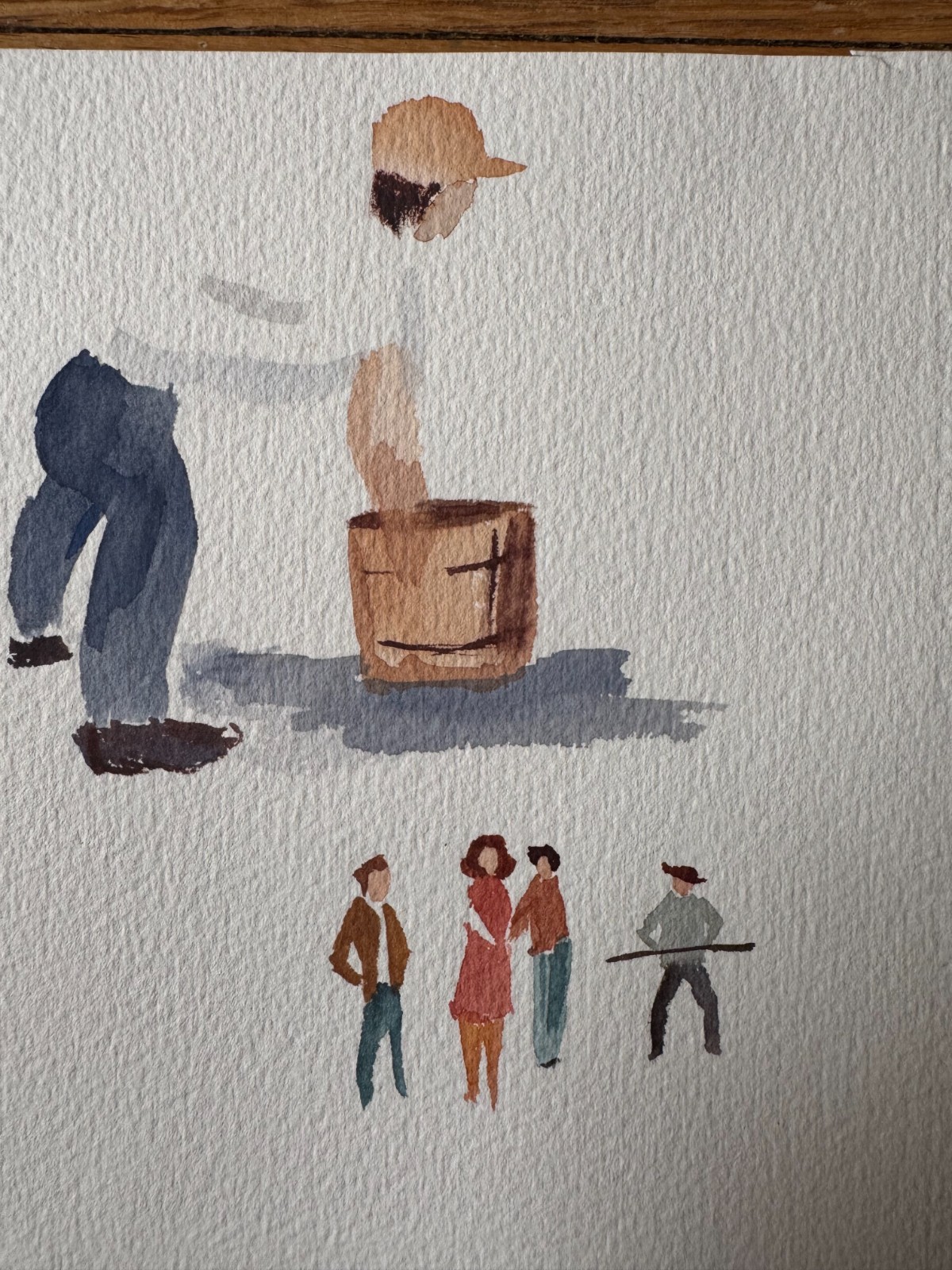 VTG 1990’s Watercolor Man Bucket an Small Group People 7.5 x 7 OOAK