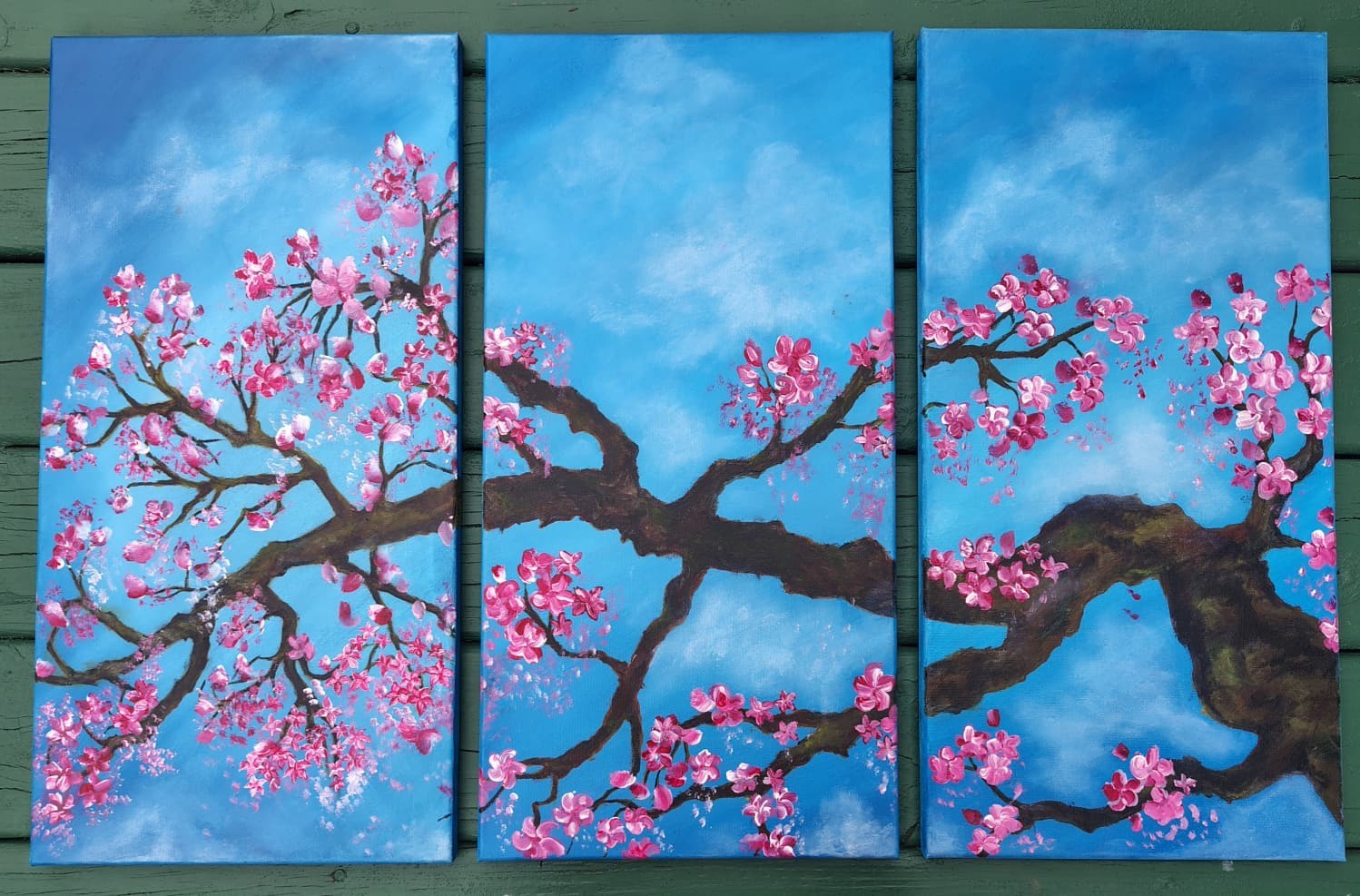 Cherry Blossom Painting 3 Panel Triptych Original Acrylic Canvas Wall Art