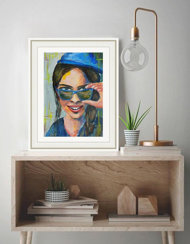 Signed Original Modern Woman Face Portrait Unique Painting Female Wall Art