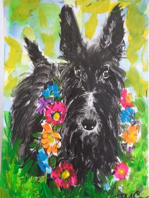 ATC ACEO – CUTE BLACK SCOTTIE SCOTTISH TERRIER DOG Painting PET ART