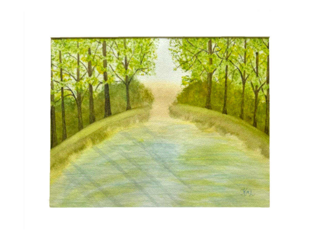 PAINTING WATERCOLOR FOREST TREES POND LANDSCAPE GREEN BLUE 11X14 AND MAT 16X20