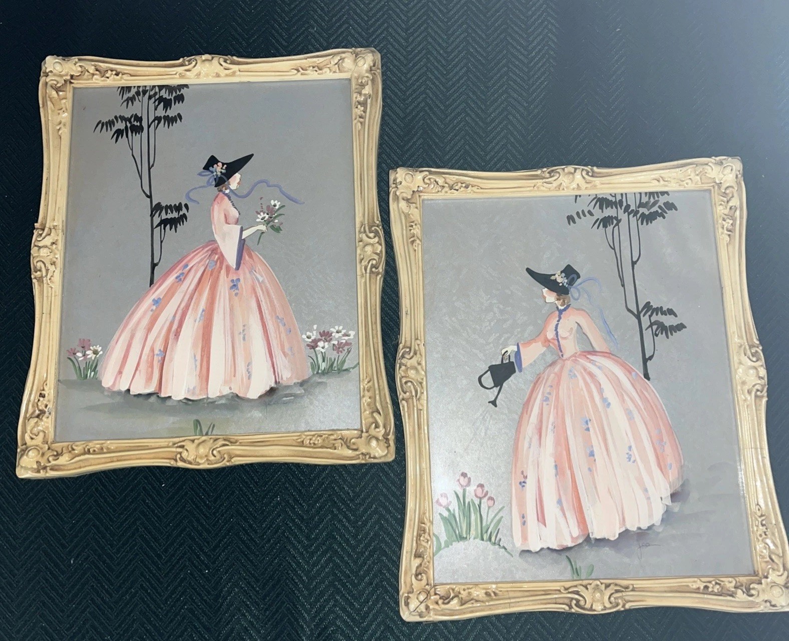 2-1950s Beautiful Southern Belles 9×11 Hand Painted And Signed