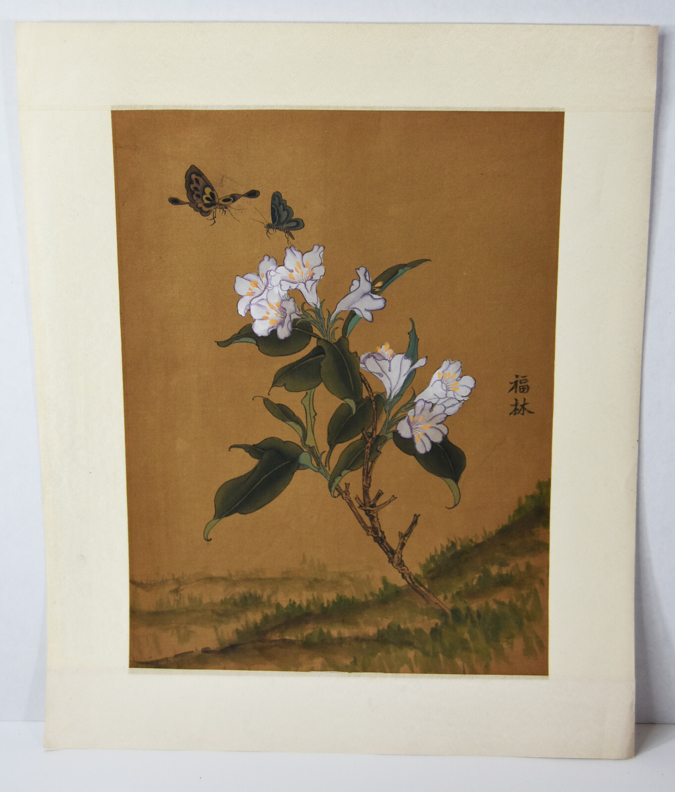 15″ Antique Chinese Asian Signed Watercolor Silk White Lilies and Butterflies