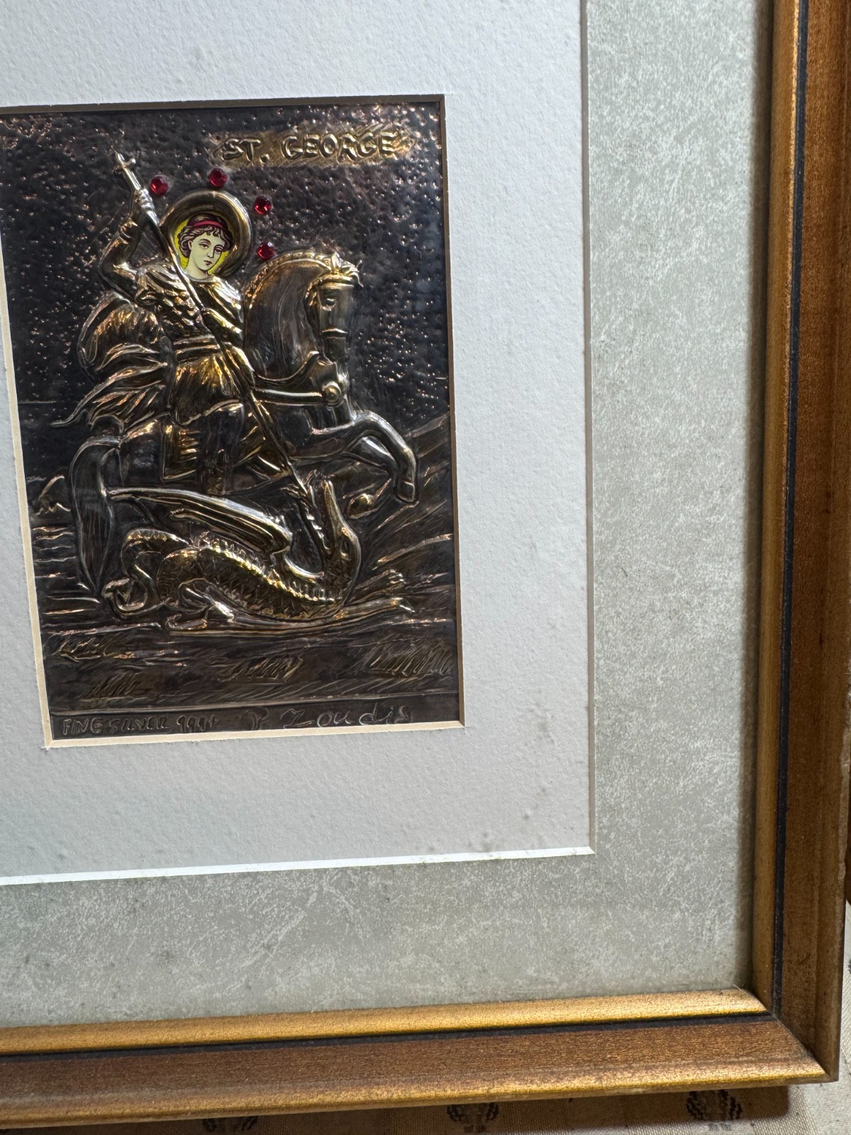 Peter Zoudis St George Fine Silver 999+ 24k Gold Relief Icon Framed Ruby COA