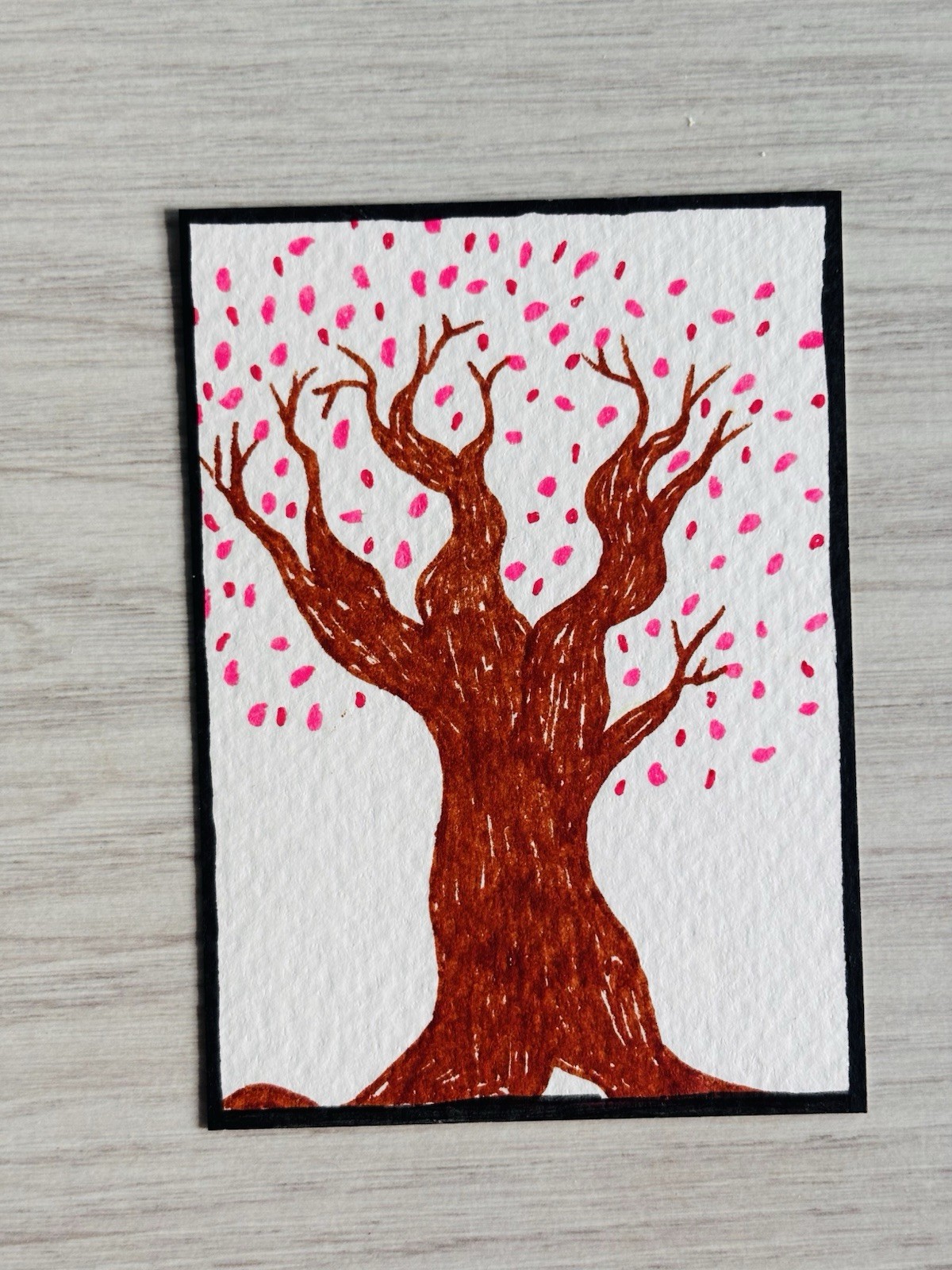 ACEO Watercolor Paper Acrylic Painting Original Art Title Sakura Tree.