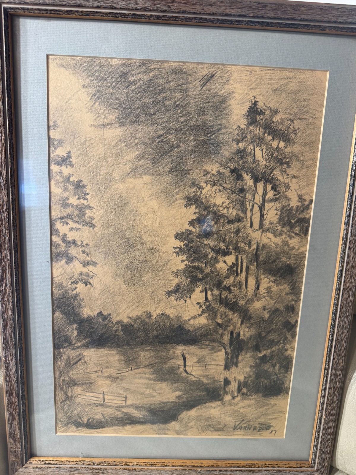 Varnedoe 1987 «Pastoral Landscape» Charcoal Drawing – Signed And Framed