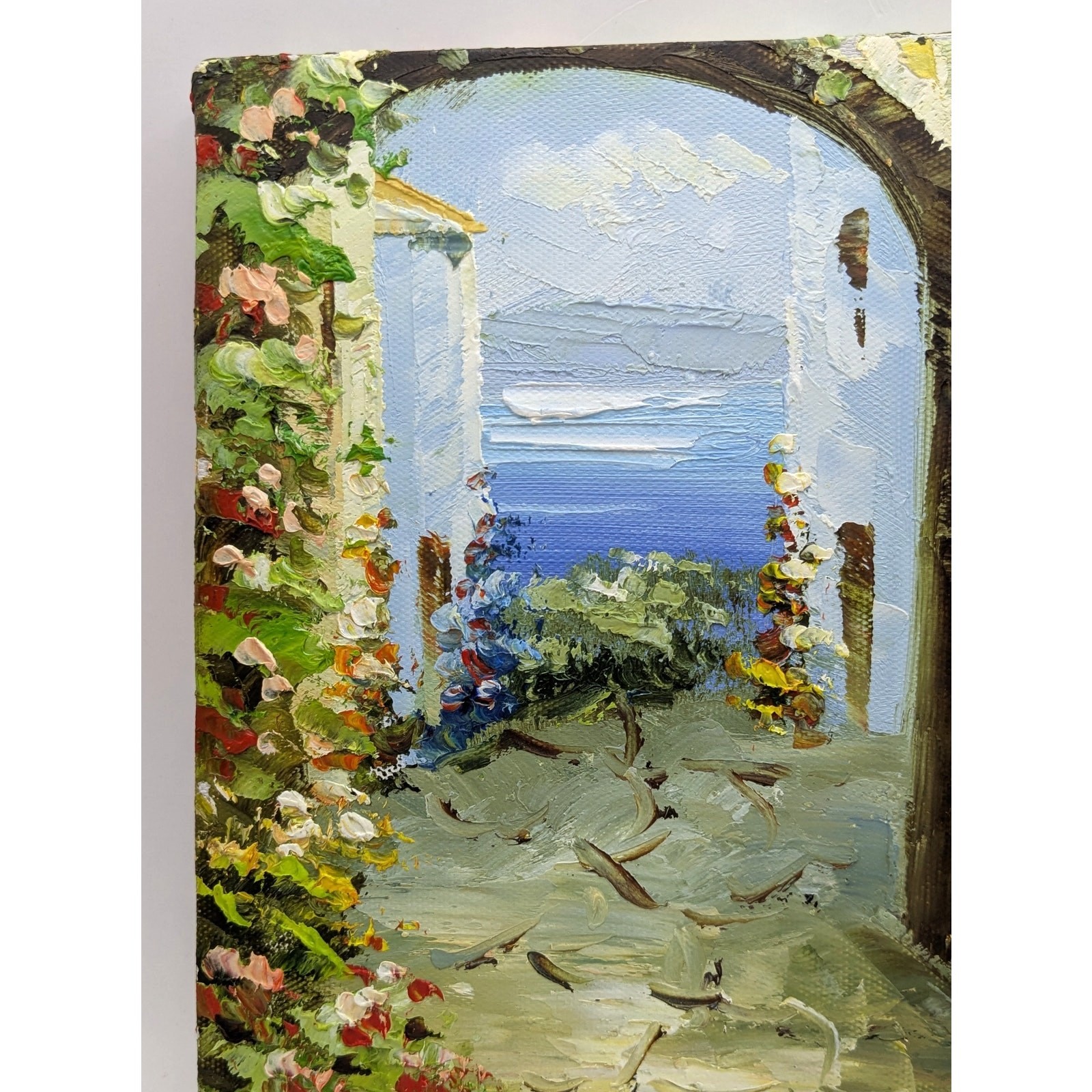 Small Hand Painted Ocean Terrace Archway Scene Canvas Art by Alvin 10in x 8in