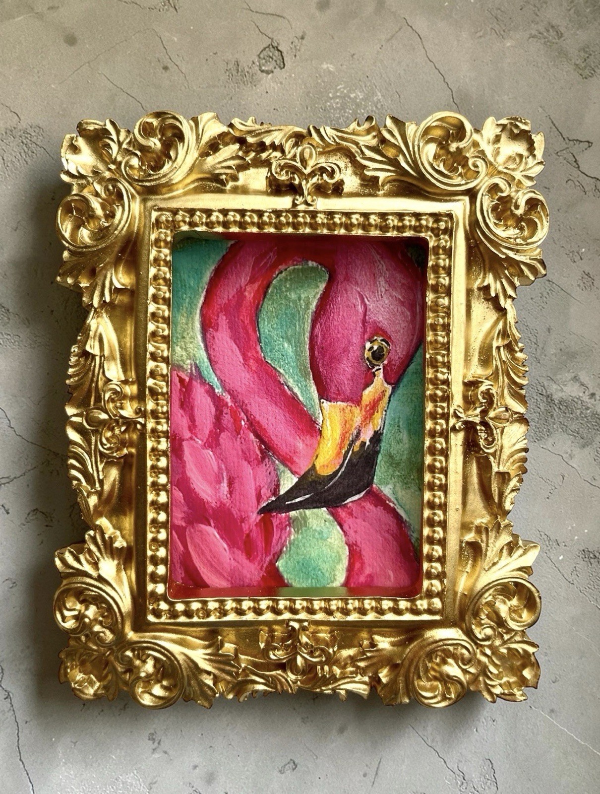 Pink Flamingo mini bird print of watercolor painting •vintage style ornate frame