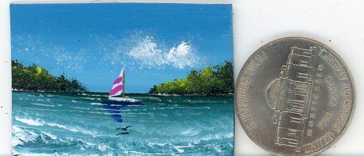 ORIGINAL 1×1.5 Acrylic Dollhouse Painting Miniature Sailing Boat Sea HYMES