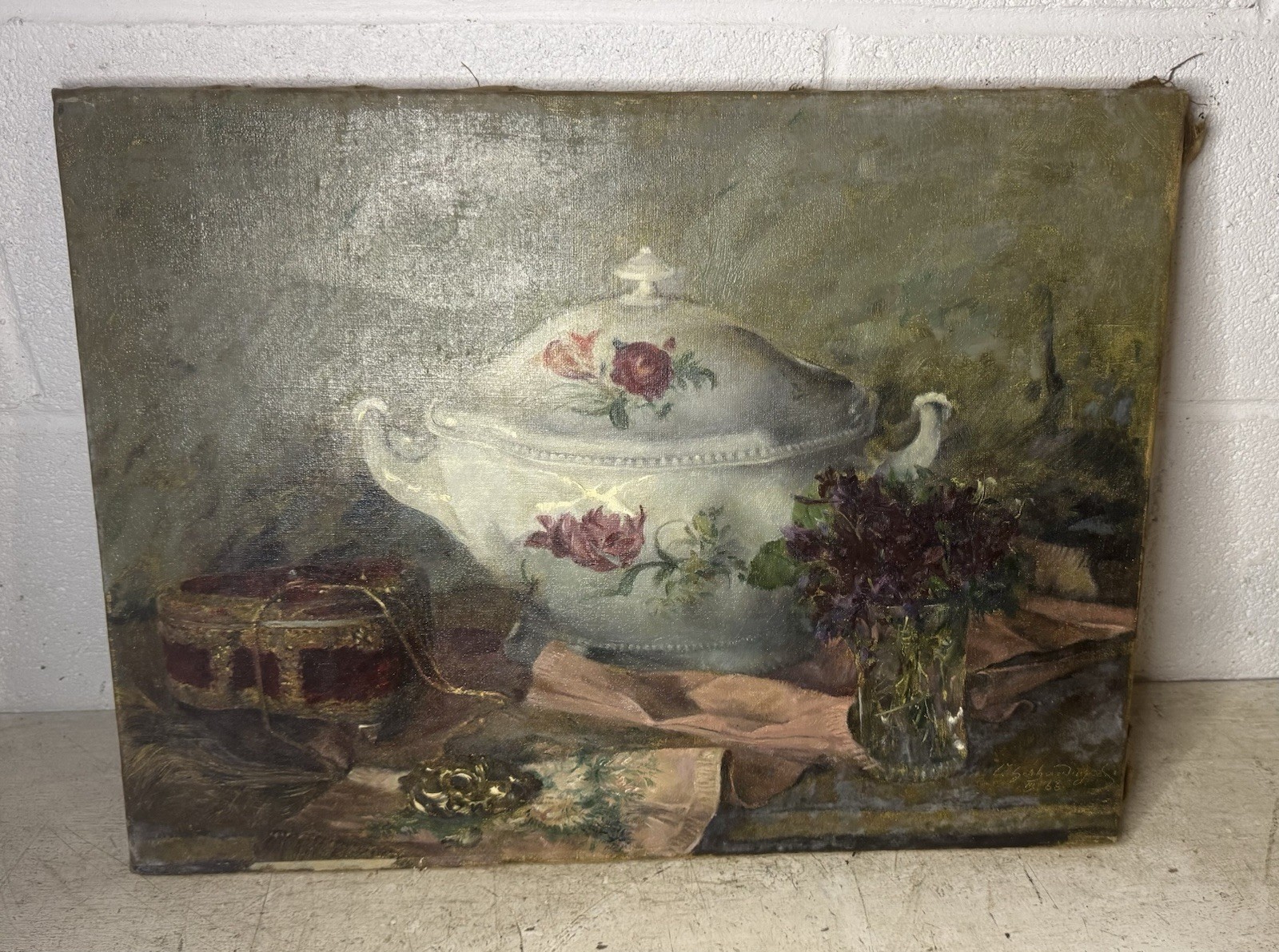 Constatin Gerhardinger 1888-1970 Oil On Canvas Painting Still Life Tureen Flower
