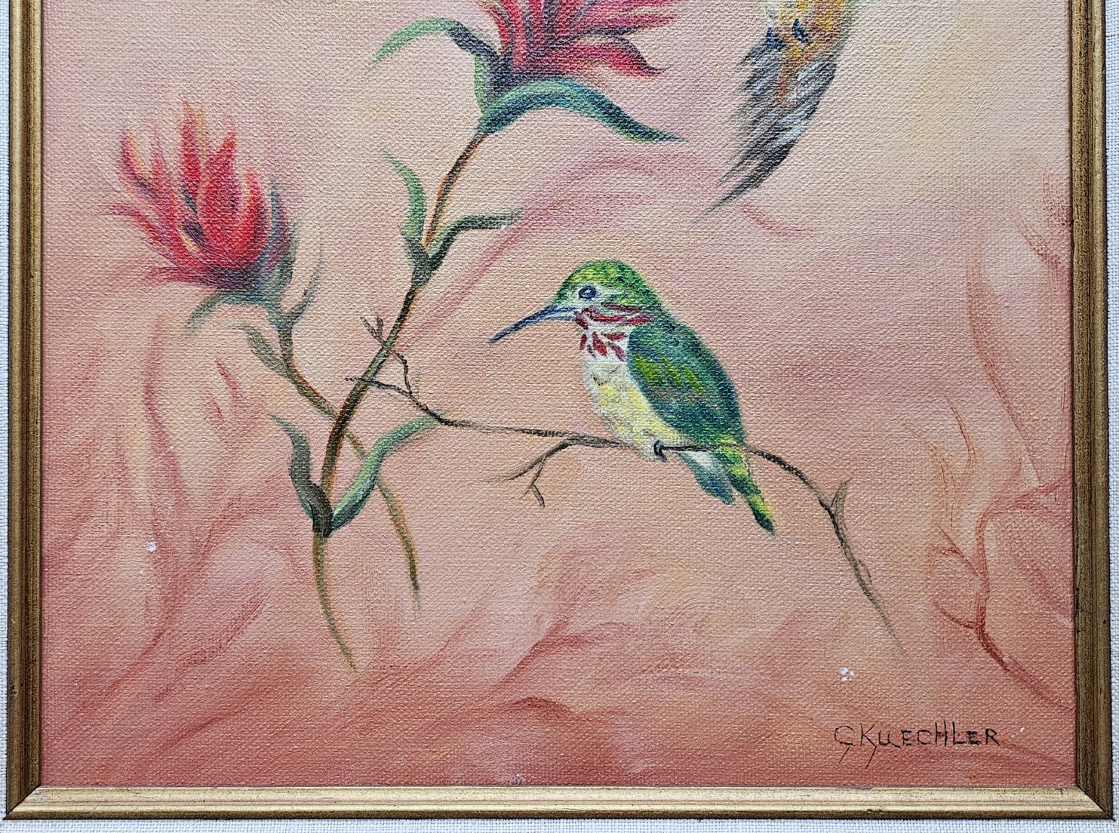 Mid Century Oil Painting HUMMINGBIRDS INDIAN PAINTBRUSH Flowers, MCM ART FRAMED