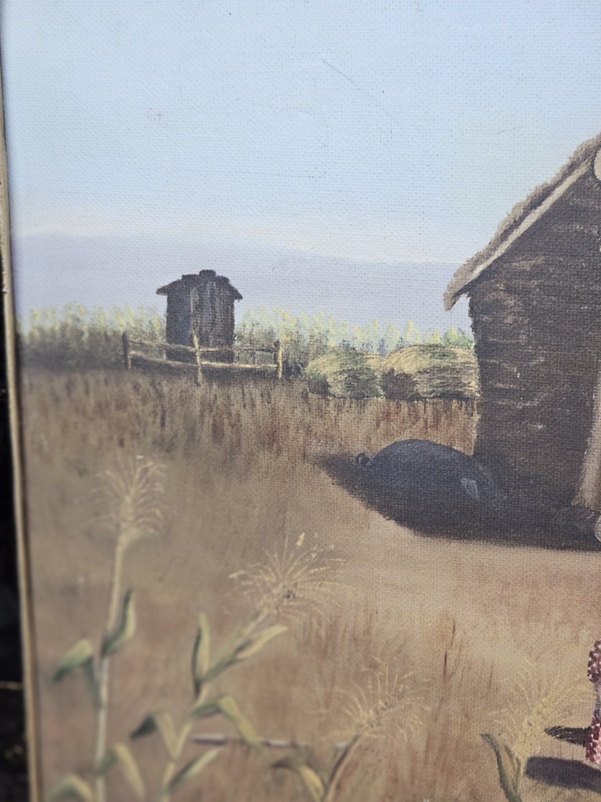 Mid Century Americana Folk Art Painting Pioneer Family Log Cabin Farm Scene Sign