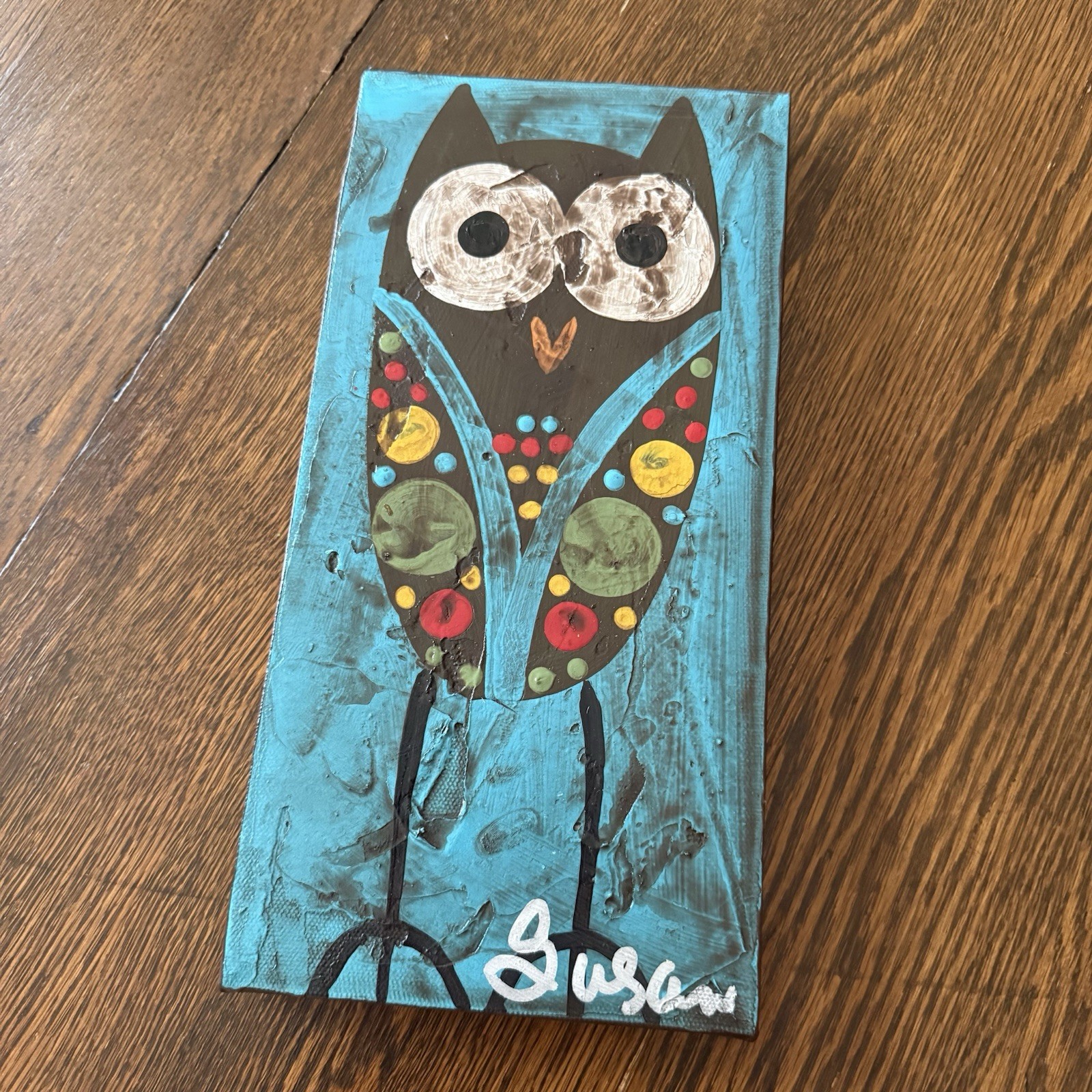 Susan Hood Art Owl Brown Red Green Yellow Teal 12”x6” Stretched Canvas Signed