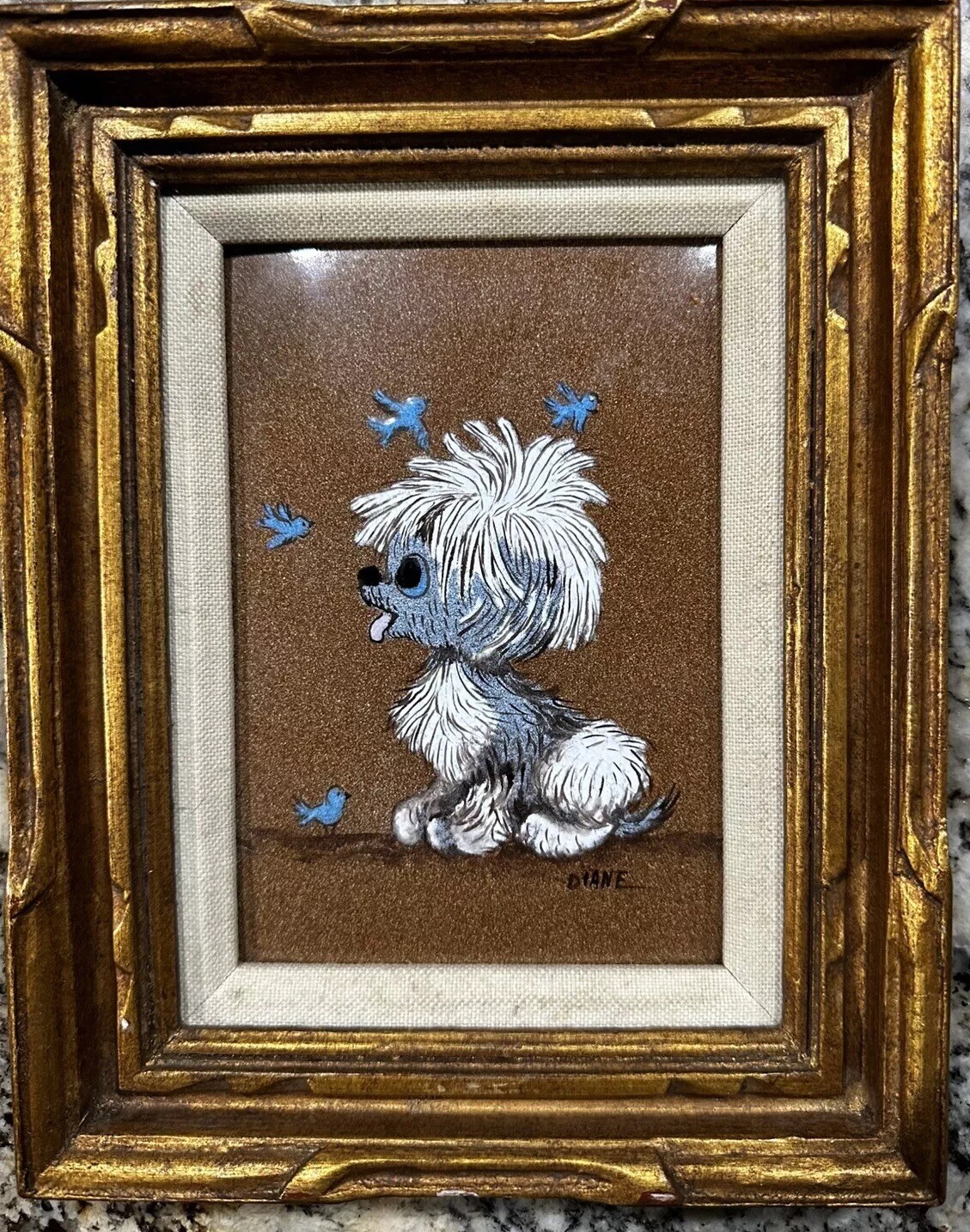 DIANE MINGOLLA SIGNED Puppy Profile With Bluebirds ENAMEL ON COPPER PAINTING
