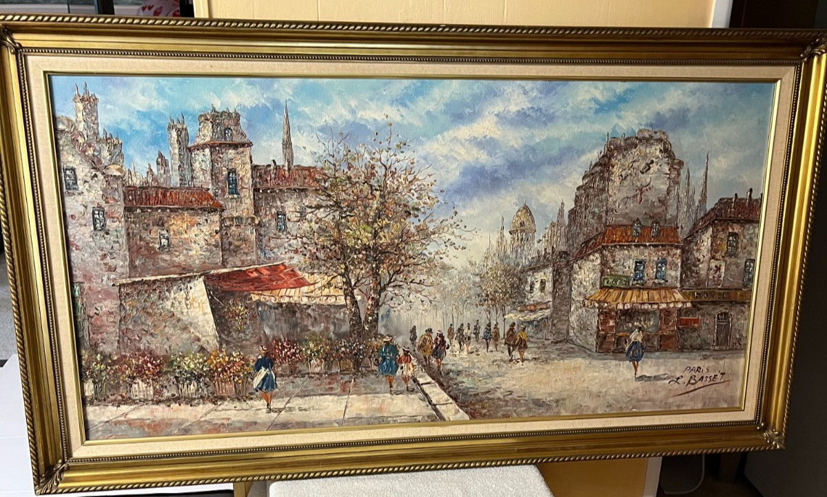Louis L. BASSET Signed LARGE 54″ X 30″ Oil Painting PARIS France Street Scene