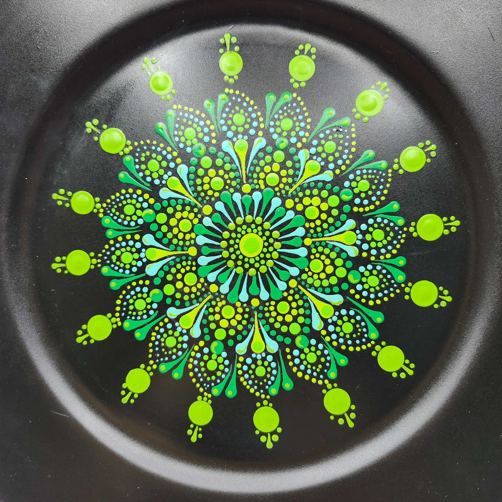 Mandala Dot Art 13″ Upcycle Plastic Platter Original Painting Verdant OOAK