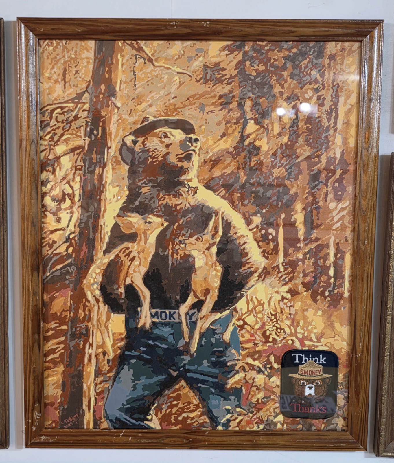 Smokey Bear Paint By Numbers Painting Finished Framed W/ Patch 17.5″x21.5″