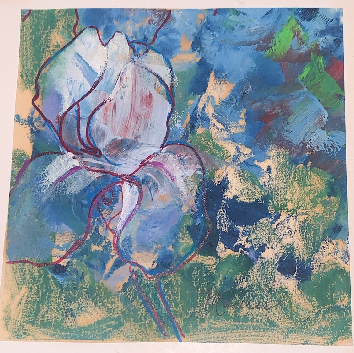 VTG CO Artist Maurer Blue Purple Iris Watercolor Painting Floral Signed 5 3/8”Sq
