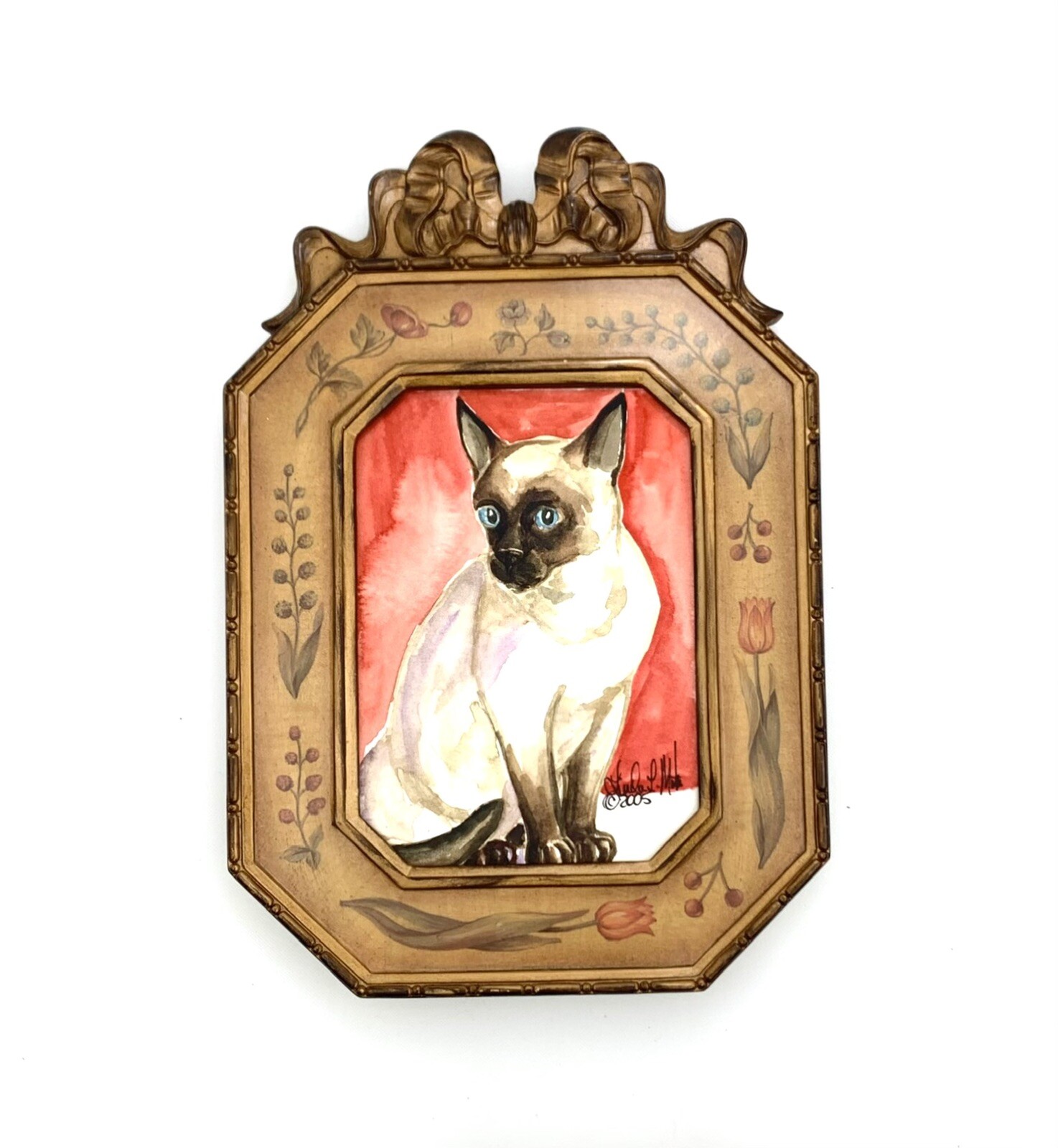 Painting Kitty Siamese Cat Watercolor in Vintage Frame Cute Art Decor Gift