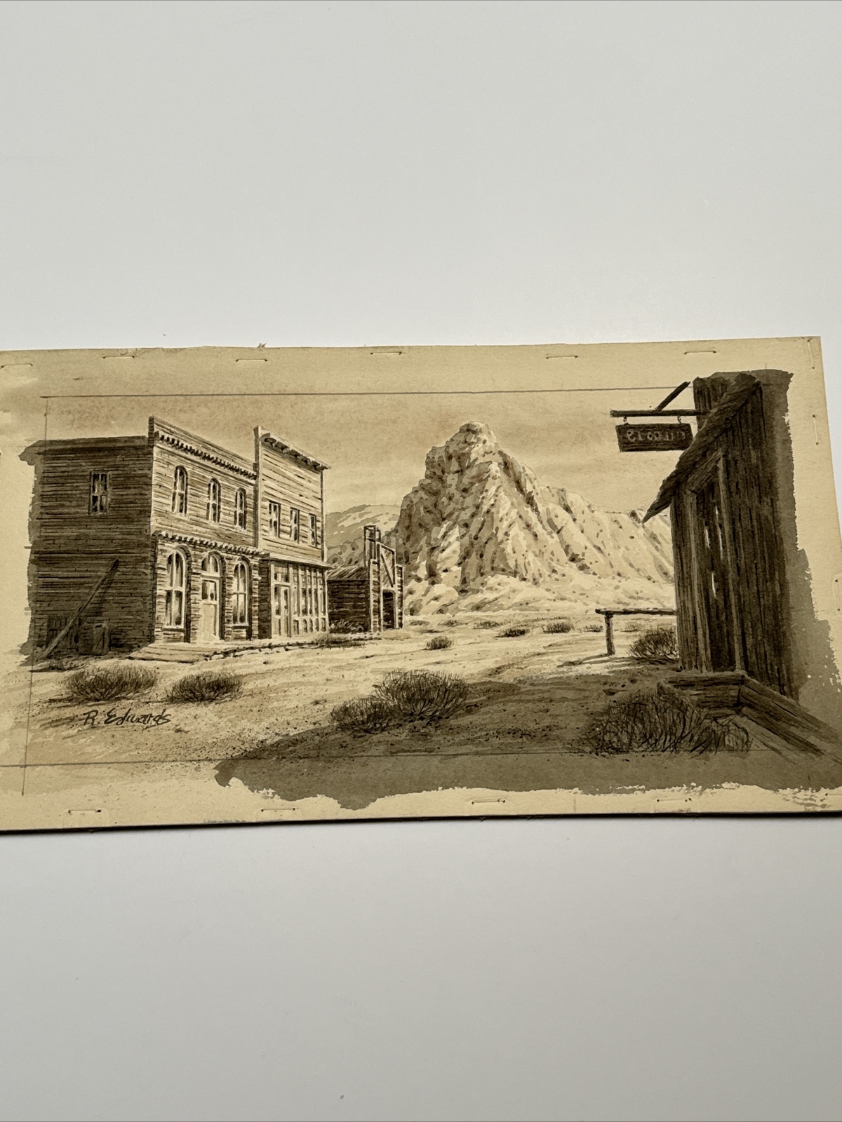 ANTIQUE ART DECO PAINTING ILLUSTRATION Ghost Town Western Landscape Desert