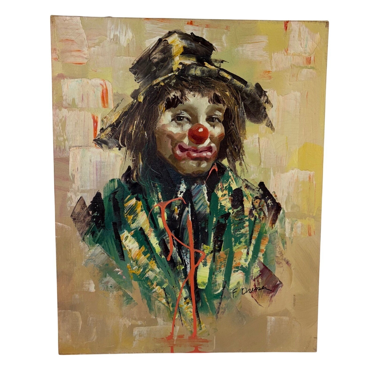 Vintage Clown Portrait Painting, Signed F. Dressen, Dated 1976, Original 20×16