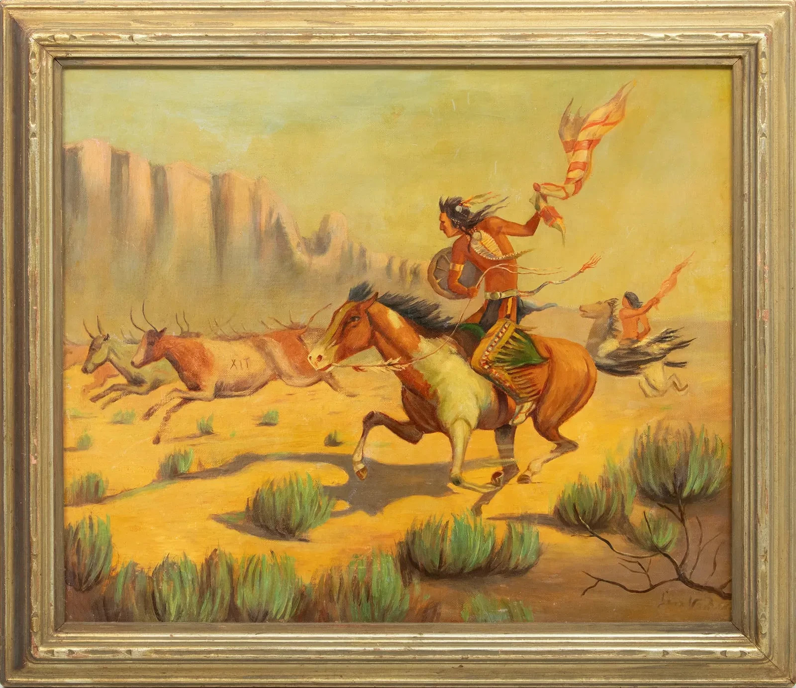 Signed Antique American School Native American Indian Western Style Oil Painting